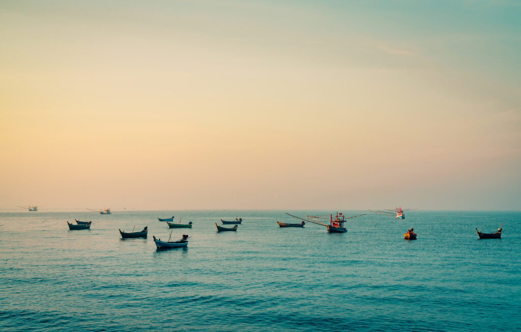 Fishing Boat With Beautiful Sunset Sky. Fishing Boat Anchored At