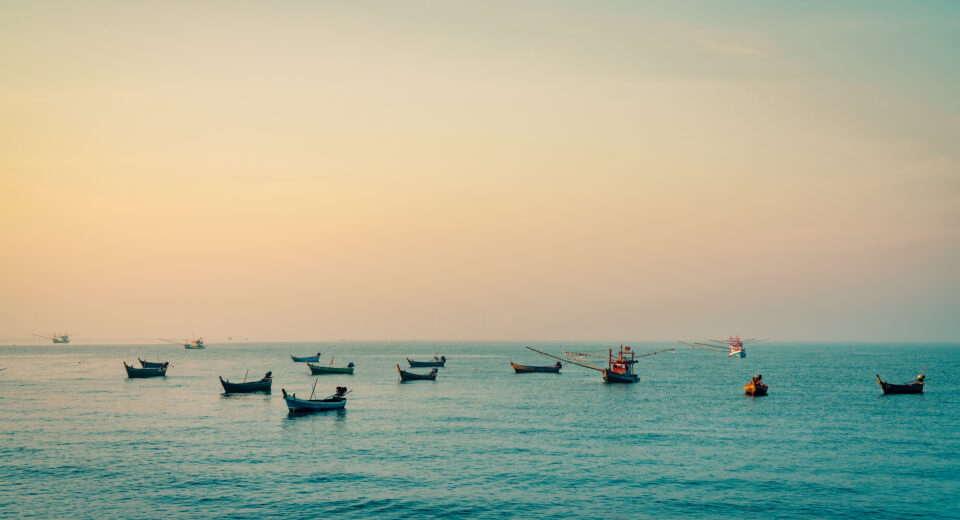 Fishing Boat With Beautiful Sunset Sky. Fishing Boat Anchored At